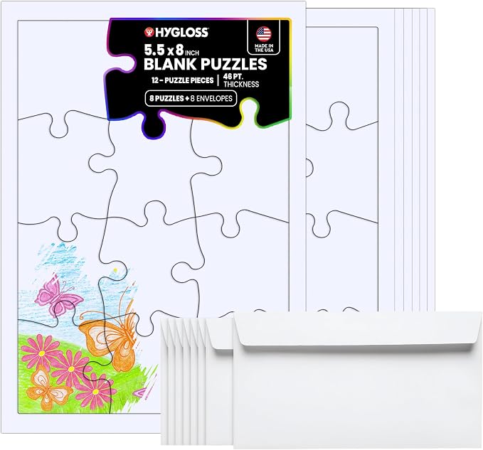 Hygloss 8 Blank Jigsaw Puzzles with Envelopes – 5.5 x 8 Inch, 12 Pieces Each – DYI Party invites, Perfect for Decorating, Kids' Activities, Arts & Crafts or Party Favors