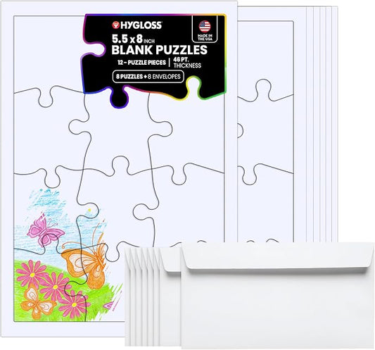 Hygloss 8 Blank Jigsaw Puzzles with Envelopes – 5.5 x 8 Inch, 12 Pieces Each – DYI Party invites, Perfect for Decorating, Kids' Activities, Arts & Crafts or Party Favors