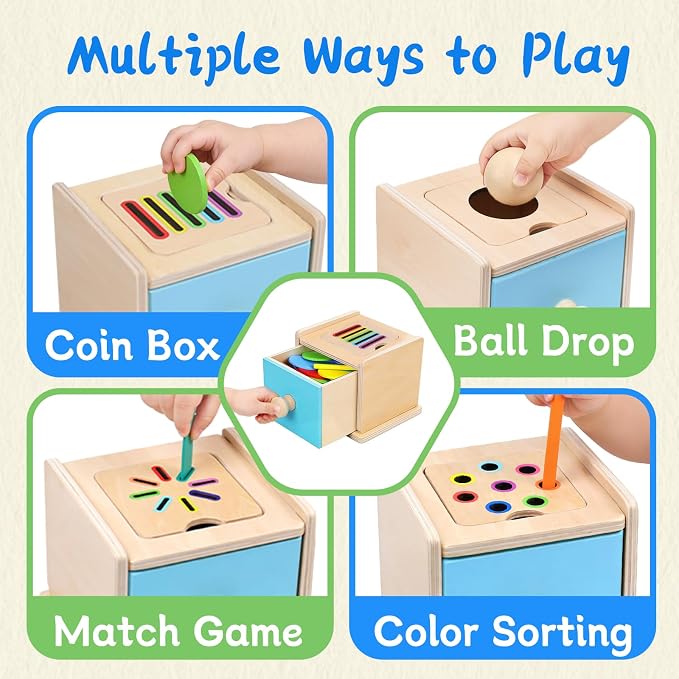Montessori Toys for 1 2 3 Year Old, 4-in-1 Wooden Montessori Coin Box, Object Permanence Ball Drop Learning Color Sorting Toys for Toddlers 1-3, Gifts for 18 Months Baby Boys Girls