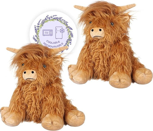 SuzziPals 2Pcs Heatable & Coolable Highland Cow Stuffed Animal Plushie, Microwavable Heating Pad for Soothing & Relaxation, Lavender Scented Cattle Plush Toys for Stress Relief, Stuffed Cow Gifts