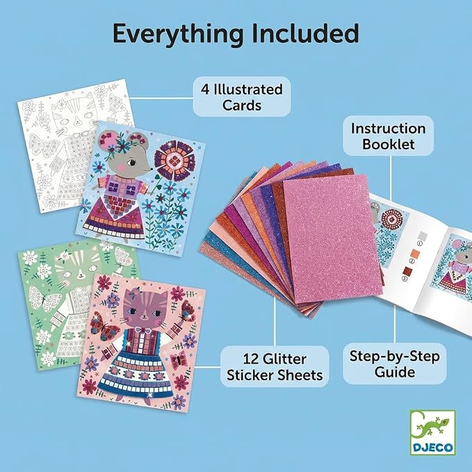 DJECO Lovely Pets Sticker Mosaic Craft Kit - Create Your Own Sparkling Pets for School or Gifts - Fun & Creative for Family & Friends, Boys & Girls, Educational Mosaic Art Craft Kit for Kids 5+