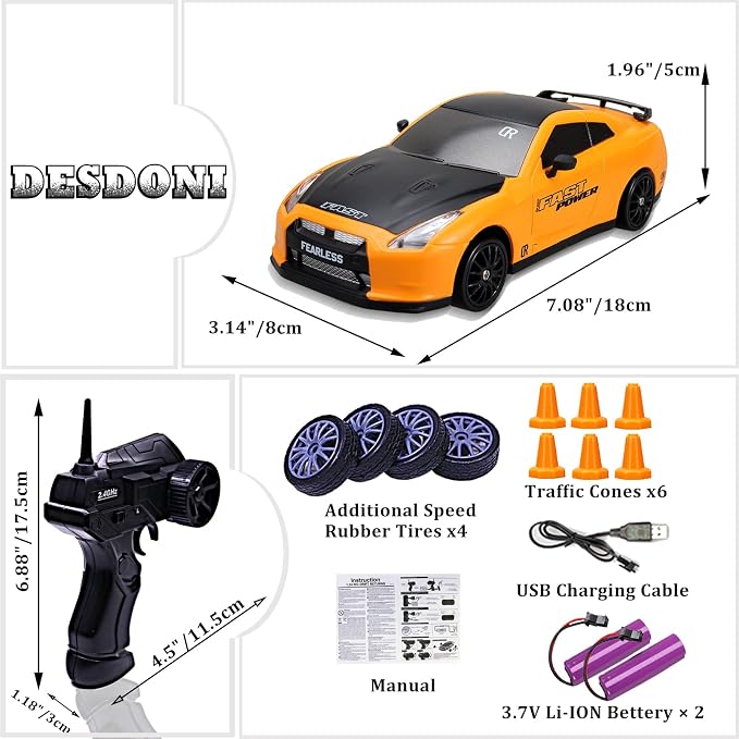 Remote Control Car RC Drift Car 2.4GHz 1:24 Scale 4WD 20KM/H High Speed Model Vehicle with LED Lights Drifting Tire Racing Sport Toy Car for Adults Boys Girls Kids Gift 2Pcs Rechargeable Batteries