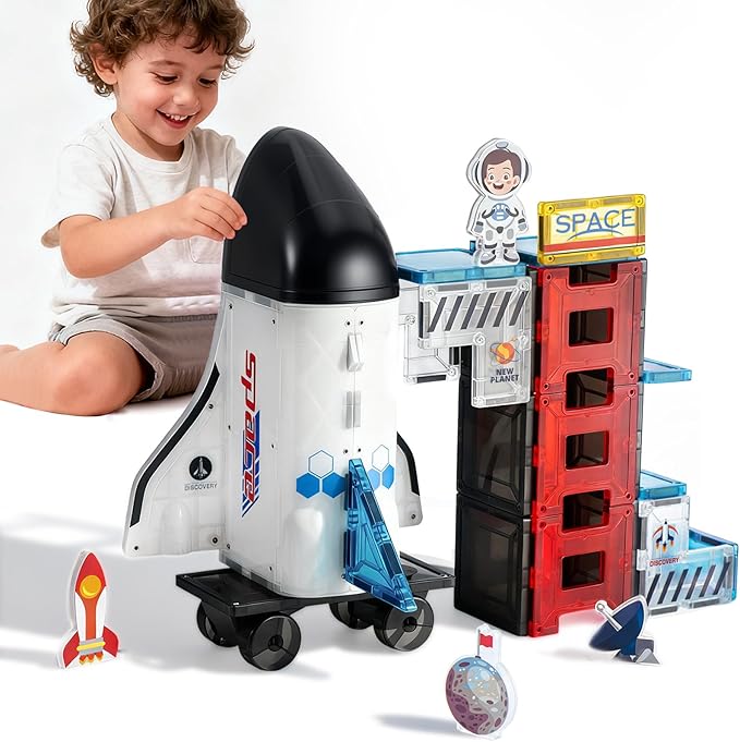VROGTIK Magnetic Tiles 30 PCS Space STEM Building Blocks Set, Rocket Ship & Space Station Magnetic Construction Toy with Astronaut Figure, Educational Toy for Kids Ages 3-8