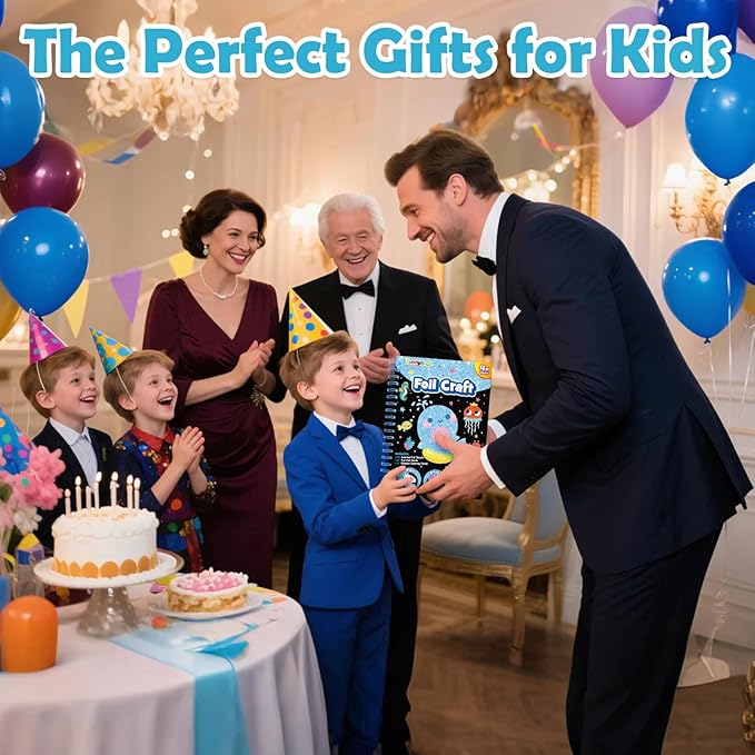 FUNNYB&G Foil Art Craft Kit for Kids 4-10 Years Old: Mess-Free & No-Glue, Create 16 Sparkly Ocean Pictures – Perfect Travel Toy & Birthday Gift for Kids (Ocean)
