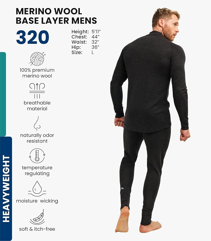Merino.tech Merino Wool Base Layer Mens Set - Heavyweight, Midweight, Lite Merino Wool Thermal Underwear For Men Top, Bottom