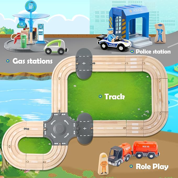 59 Pcs Wooden Train Set for Toddlers, Toy Train with Track for Kids Ages 3-6, Deluxy Double Track City Police Station Railway Playset Gifts for Boys and Girls Ages 3+