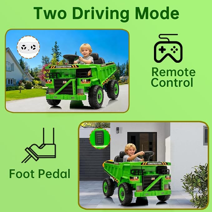 12V Ride On Dump Truck Kids Ride On Car for Kids, Battery Powered Electric Car with Remote Control, Electric Dump Bed, Wear-Resistant Tires, 4 Wheels Tractor Ride On Toys, Green