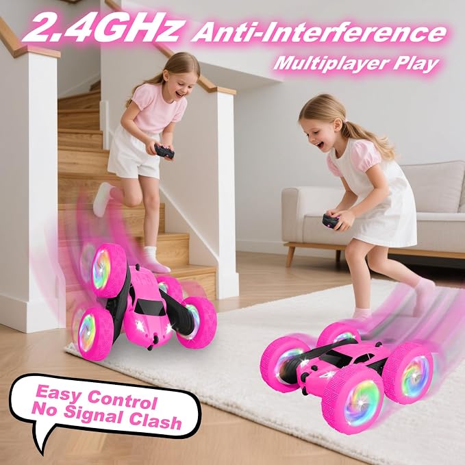 Remote Control Car, RC Cars for Girls, 2.4 GHz Double Sided RC Crawler with Upgraded USB-C Modular Battery, 360°Rotating Car Toys for 6 7 8 9 10 11 12 Year Old Girl Birthday Gift Rose