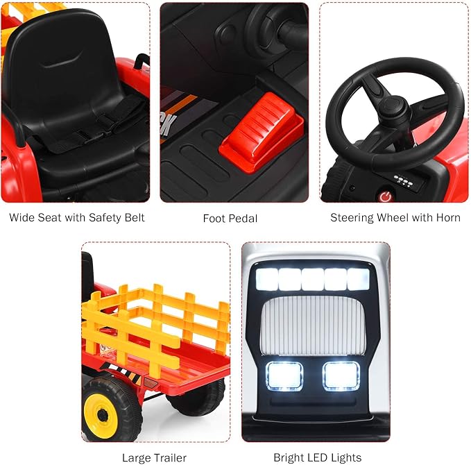 Costzon Ride on Tractor with Detachable Trailer, Kids' Electric Vehicles w/3-Gear-Shift Ground Loader, Wireless Design & USB, 7 LED Headlights, Remote Control Tractor Toy for Kids 3+ (12V, Red)