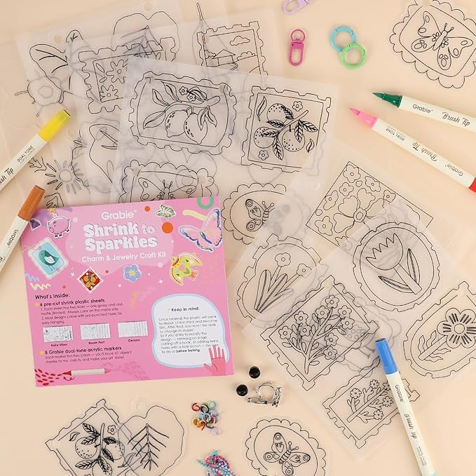 Grabie DIY Shrink Art Craft Kit Jewelry Making Kit for Kids Adults, 25+ Pre-Cut Shapes, 5 Dual-Tip Markers, Custom Charms, Pins, Rings, Keychains (Bloom Post - for Art Lovers)