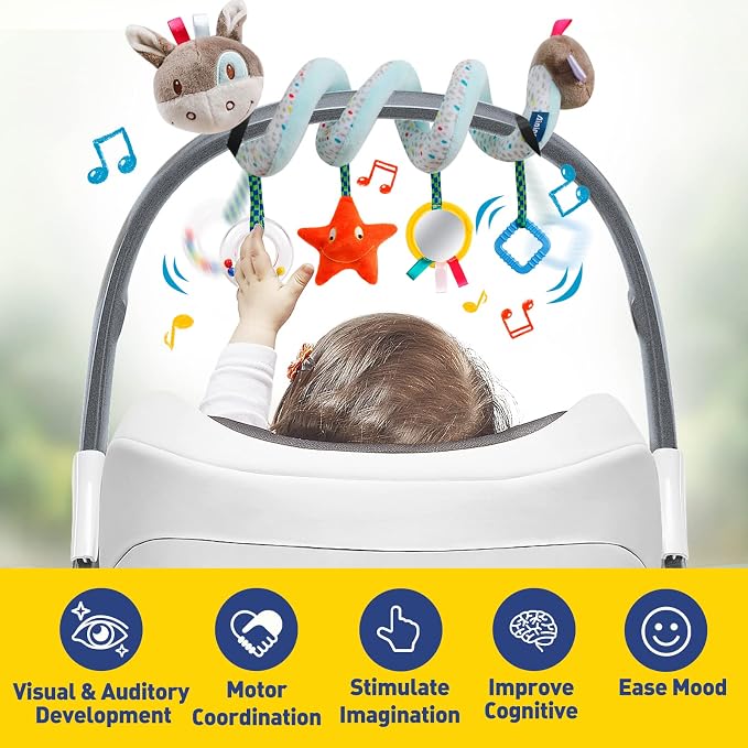 GKDOMS Baby Car Seat Toys Activity Stroller Toy for Boys Girls 0 3 6 9 10 12 Months, Spiral Hanging Plush Toys, Baby Shower Thank You Gifts