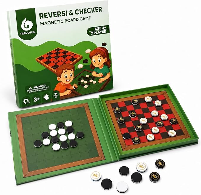 2-in-1 Checkers & Reversi Board Game | Magnetic Travel Games for Kids 8-12 | Plane Activities for Kids Ages 8-12 | Foldable Magnetic Checkers & Travel Activities