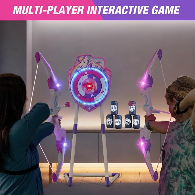 HYES 2 Pack Bow and Arrow for Kids, LED Light Up Unicorn Archery Set with 24 Suction Cup Arrows, 1 Standing Glow Target, 6 Score Targets & 2 Quivers, Indoor Outdoor Sport Toys for Girls Ages 4-12