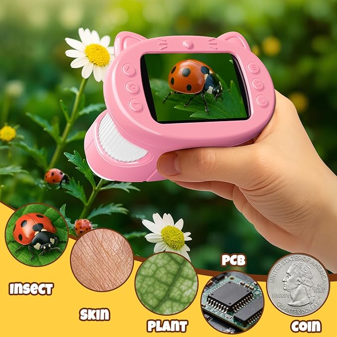 Handheld Digital Mini Microscope for Kids: 1000X 4K Portable Pocket 2.4" Screen Microscopes Toys STEM Electronic Learning Educational Science Kit 8-12 Birthday Gift 4 5 6 7 Year Old Boy Girl (Pink)