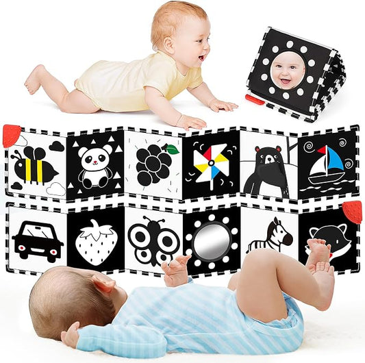 BBWOO High Contrast Baby Toys for Newborn, Tummy Time Mirror, Black and White Baby Toy for 0-6 Months, Soft Montessori Visual Stimulation Infant Book, Boy Girl Shower Gift