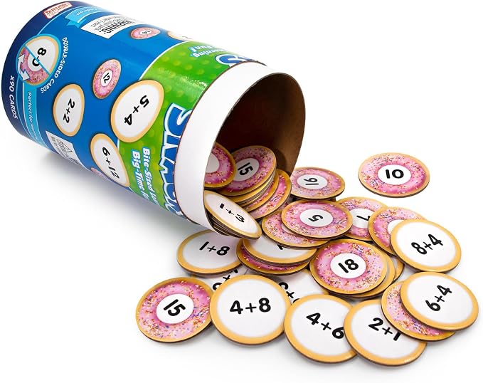 Junior Learning: Addition Snacks - Hand-On Math Practice Game, Problems On One Side - Solution On The Other, Donuts Theme Double-Sided Cards, Kids 5+