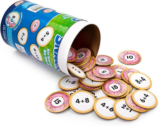 Junior Learning: Addition Snacks - Hand-On Math Practice Game, Problems On One Side - Solution On The Other, Donuts Theme Double-Sided Cards, Kids 5+