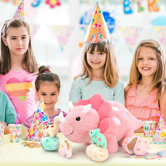 17.6in Pink Dinosaur Toys for Girls, Mommy Dinosaur Stuffed Animal with 3 Baby Dino Plush(Triceratops, Stegosaurus and Diplodocus),Small Dino Plushies for Girls and Boys,Gifts for Kids