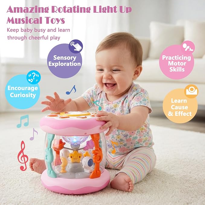 Baby Girl Toys 0-6 Months, Babies Outer Space Projector Rotating Musical Light Up Tummy Time Toy 6-12 Months, Crawling Learning Infant Toy for Toddlers 1 2 3 Years Old Newborn Birthday Gifts