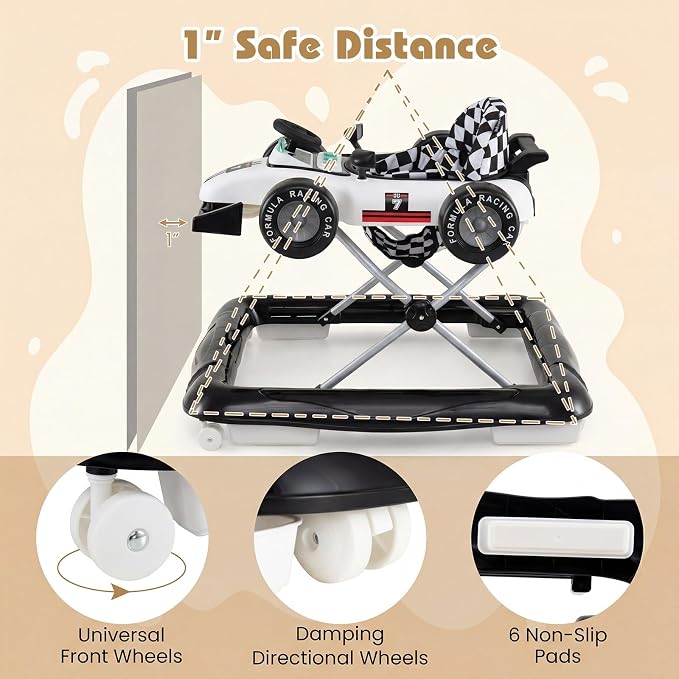 BABY JOY 4-in-1 Baby Walker, Foldable Activity Walker with Push Mode, Adjustable Height, Lights, Anti-Rollover, Baby Walker with Wheels for Boys Girls 6-18 Months (White)