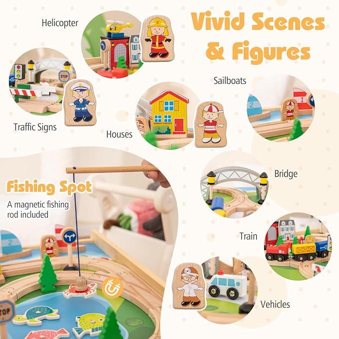 Costzon Train Table, 5 in 1 Kids Activity Wooden Set w/ 78 Pieces Railway Playset, Reversible Map Top, Blackboard, Building Bricks Station & Large Storage Space, Toddler Sensory Table for 18 M+