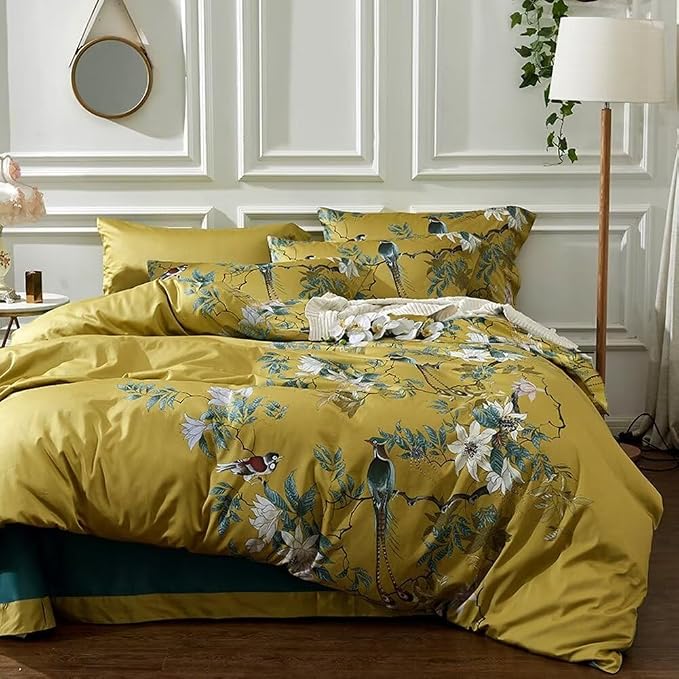 Garden Style Birds Flower Comforter Set Full Size Vintage Floral Boho Bedding Comforter Set Vibrant Color Flower Botanical Comforter with 2 Pillowcases Chic Farmhouse Bedding Comforter for All Season