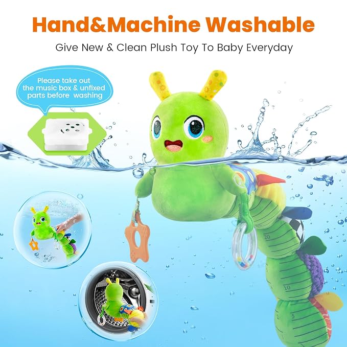 Baby Toys 0-6 Months, Washable Baby Musical Caterpillar Toys with 10 Children's Songs,Rattles,Teething Toys,Suitable for 0-6, 6-12 Months Infant Tummy Time Toy,Newborn Baby Boy&Gril Gifts(SoftGreen)