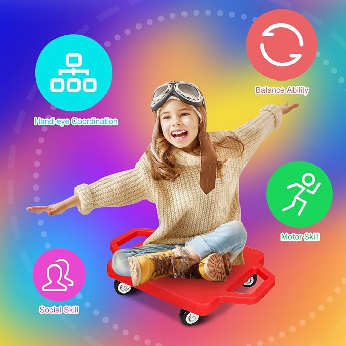 4 Pcs Sports Scooter Board with Handles Sitting Scooter Board Colored Plastic Casters Sport Floor Scooter Board Children Gym Indoor Outdoor Activities Play Equipment