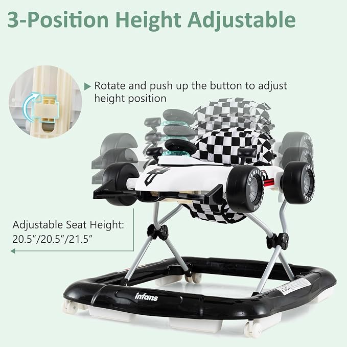 INFANS 4 in 1 Baby Walker, Foldable Toddler Activity Center with Adjustable Height, Padded Seat, Music, Light, Removable Tray, Push Walker for Girls Boys Aged 6-18 Months (Ivory)