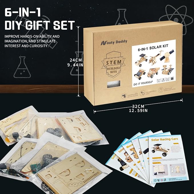 6-in-1 Solar STEM Building Kit, Wooden DIY Construction Set with Satellite, Helicopter, Cars, Educational Science Toy for Kids Ages 6-14 Years (1)