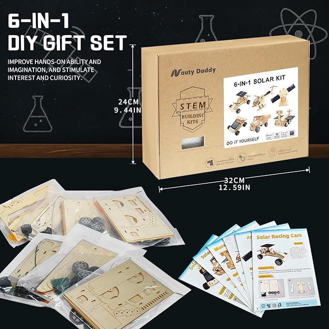 6-in-1 Solar STEM Building Kit, Wooden DIY Construction Set with Satellite, Helicopter, Cars, Educational Science Toy for Kids Ages 6-14 Years (2)
