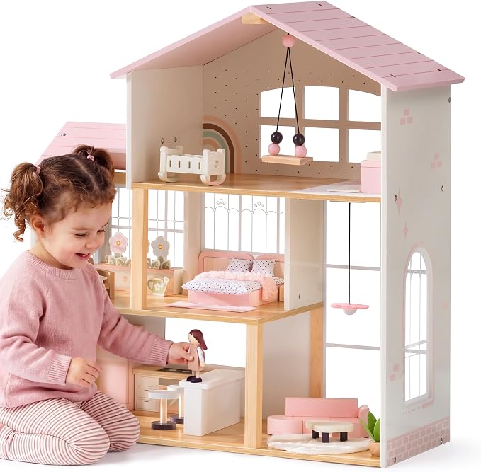 ROBOTIME Wooden Doll House, Dollhouse with 6 Open Rooms, 37 Pcs DIY Modular Doll House Furniture Accessories, Pretend Dollhouse Creative Gift for Girl Ages 3+ (Pink)
