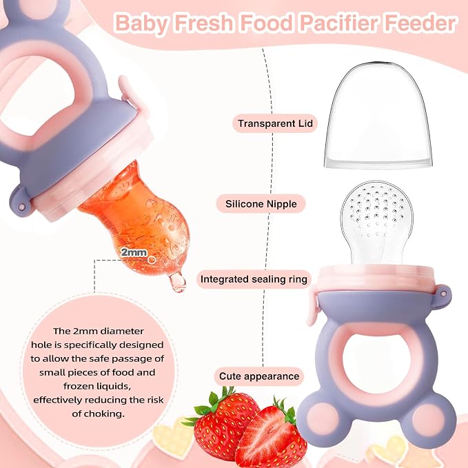 Baby Solids/Frozen Fruit Feeder Pacifier, Infant Teether Toy 4M+, BPA-Free Silicone Pouch & Nipple, Safely Introduce Solids, Teething Relief, 2-Pack