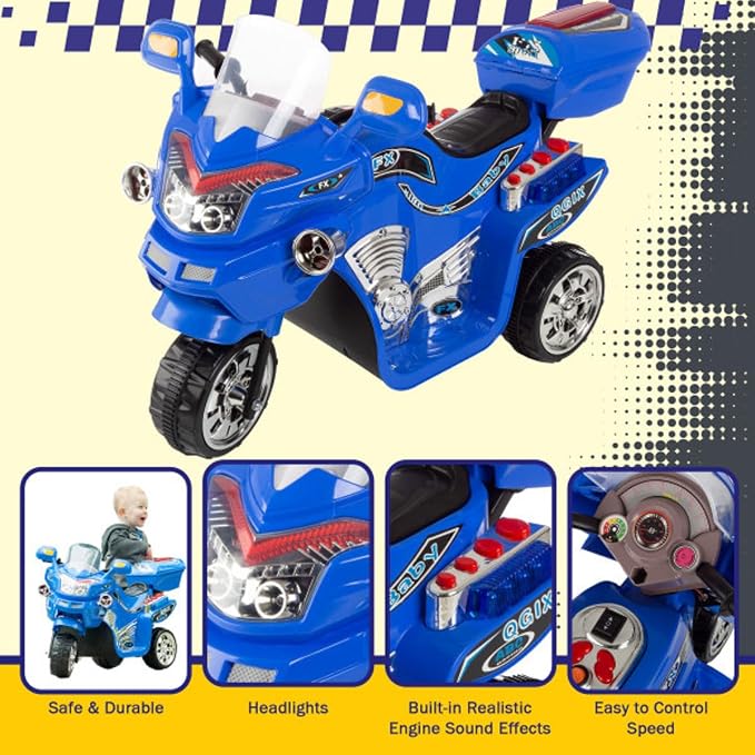 Ride on Toy, 3 Wheel Motorcycle Trike for Kids by Rockin' Rollers ? Battery Powered Ride on Toys for Boys and Girls, 3 - 6 Year Old - Blue FX