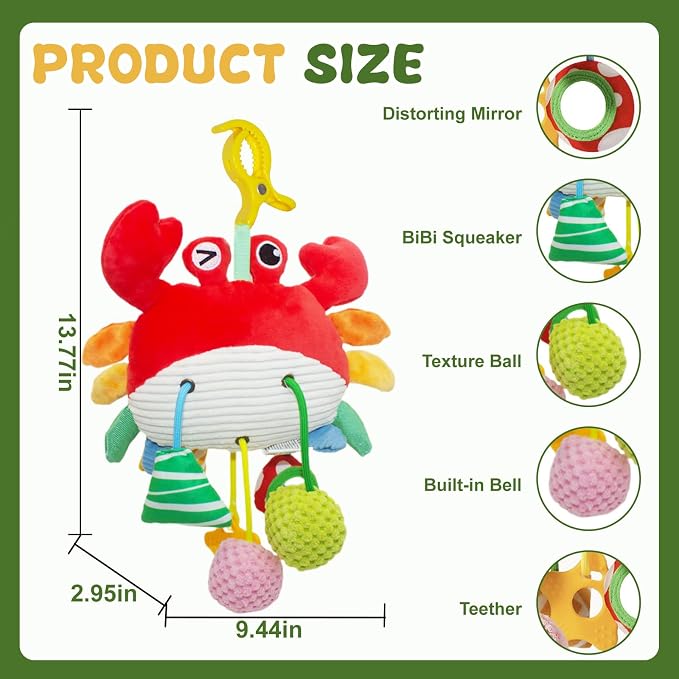 Car Seat Baby Toys 0-6 Months，Stroller Toy，Babies Infant Sensory Carseat Hanging Toy Gym with Squeaker, Crinkle, Rattle, Mirror & Teether| Soft Plush，Babies Gift 0-3-6-12 Months Boy Girl
