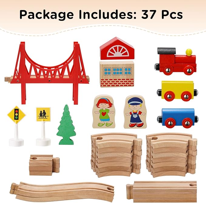 SainSmart Jr. Wooden Train Set for Toddler - Double-Side Wooden Tracks Fits Brio, Thomas, Melissa and Doug - Expandable, Changeable-Kids Wood Toy Train for 3,4,5 Year Old Boys and Girls