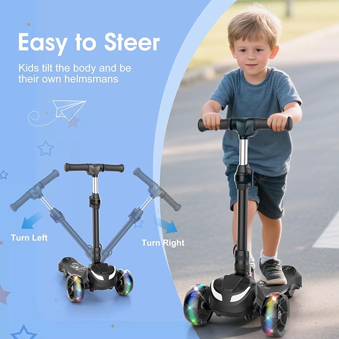 Electric Scooter for Kids Ages 3-8, 3 Wheels Electric Scooter, Electric Kick Scooter with 2 Speeds, Long Battery Life, Flashing LED Wheels, Adjustable Height, B2 with Bluetooth Music for Boys/Girls