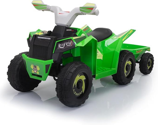 TOBBI 6V Electric Kids Ride On Toy ATV with Trailer, 4 Wheeler Powered Car, Toddler Vehicle to Drive with Music/Battery Volume Display for Children Age 2-6-Green