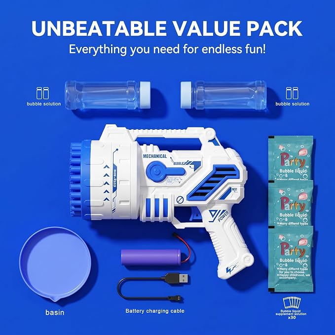 Bubble Gun for Kids, 69-Hole Bubble Blaster with LED Lights, Blue | 69-hole bubble machine gun for kids ages 4-8, with LED lights for summer, birthday, party and outdoor play.