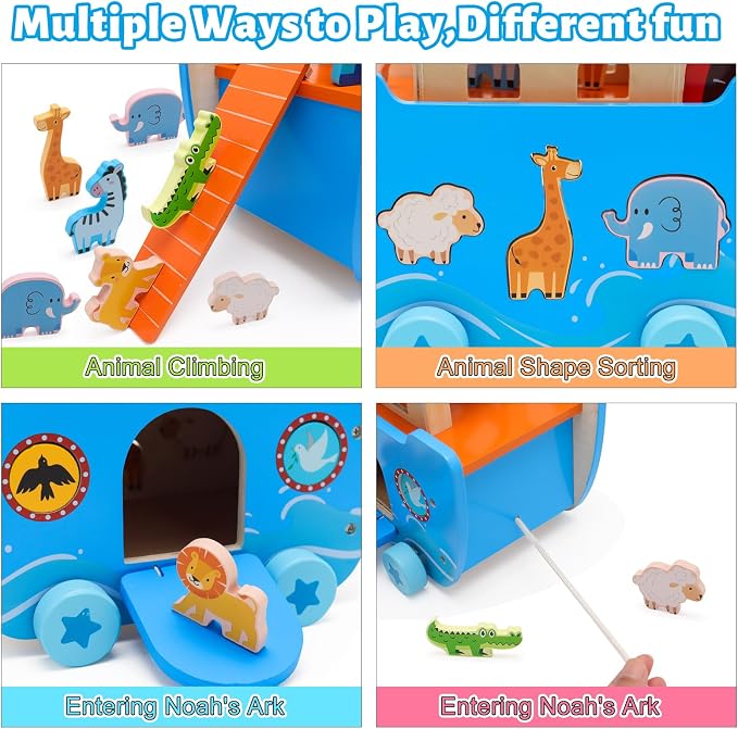 Yelakey Wooden Noah's Ark Toy Baptism Gifts for 1 2 3 4 Years Old Baby Boy and Girl Montessori Educational Toy for Toddlers with Bible Story Animal Shape Sorter