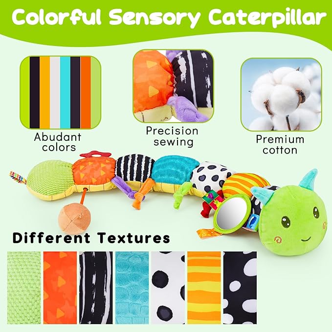 Topsochir Baby Sensory Toys 0-6 Months Music Animal Stuffed Plush Caterpillar Toy for Infant 0-3-6-12 Month Old Tummy Time with Mirror Crinkle Rattle Toys for Newborn Boys Girls Shower Birthday Gifts