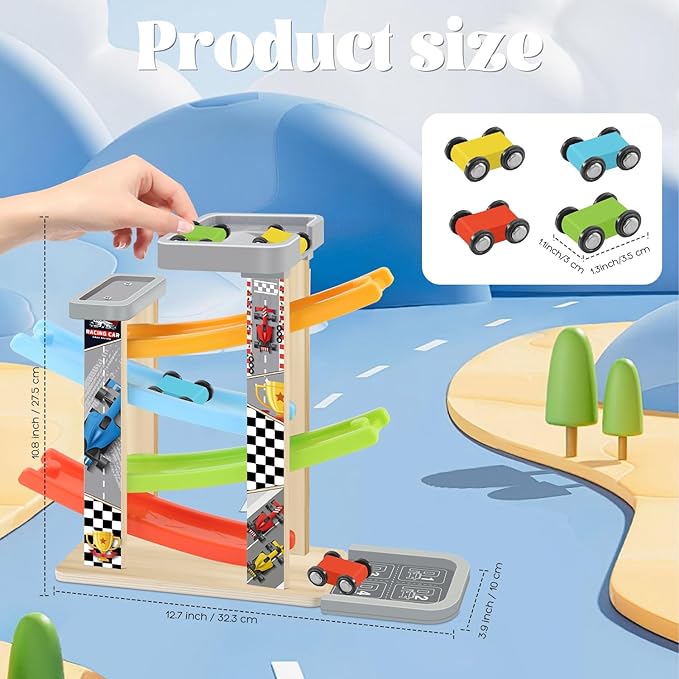 Wooden Car Ramp Toy Set, Montessori Ramp Set Includes 4 Mini Cars and Track — Educational Gift for Boys and Girls 3+ Years Old