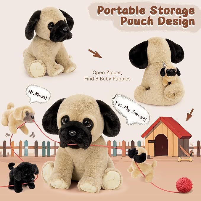 MorisMos Pug Dog Stuffed Animal with Babies,14'' Large Mommy Dog Push with Baby Puppy Toys for Kids,4Pcs Realistic Bulldog Toys for Girl Boy, Stuffed Pug Toy Gift for Birthday Christmas