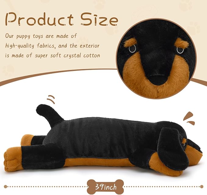 MorisMos Black Dachshund Stuffed Animal Body Pillow, 39-Inch Long Plush Weiner Dog Pillow for Dog Lovers, Soft Embroidered Lazy Eyes Sausage Dog Cuddle Pillow for Couch & Bed