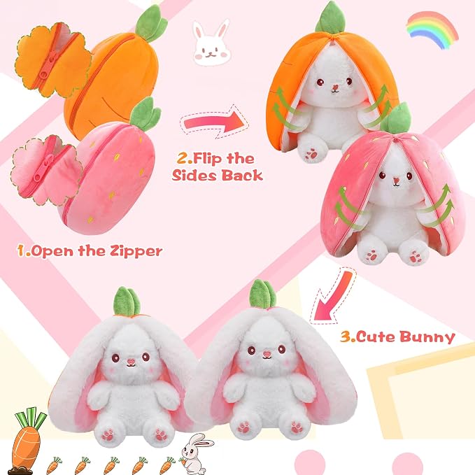 MIAODAM Cuddly Bunny Stuffed Animal, Kawaii Squishy Cute Easter Bunny Plush Turn Into Rabbit Fruit Doll Carrot Strawberry Bunny, Plushies Funny Bunny Toy for Kids
