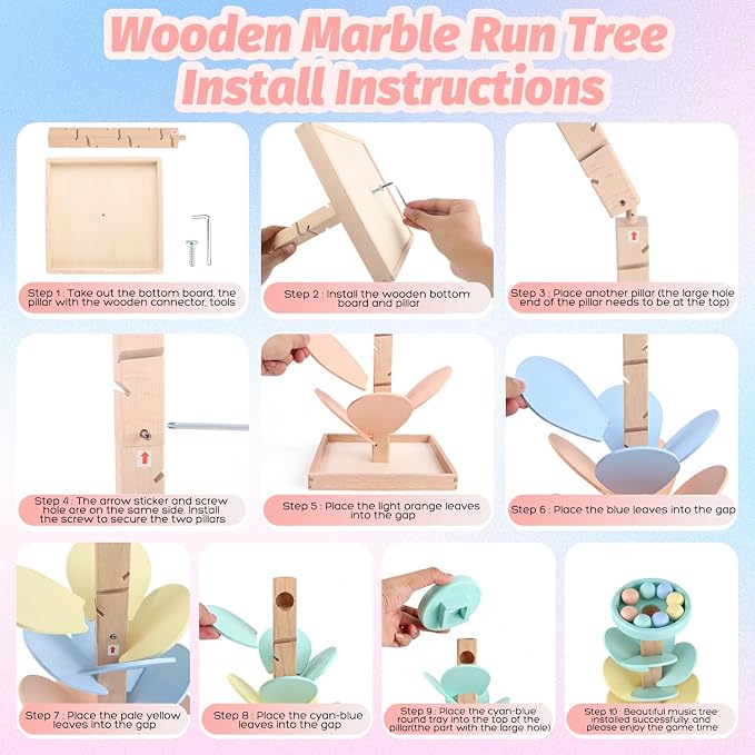 Wooden Marble Run Ball Drop Montessori Toys for Toddlers 4-8 Boys Girls Kids Wood Music Tree Marble Ball Run Game 3-5 8-12 Years Old Learning Color Sorting Sensory Toys Birthday Gift (Height: 20.5")