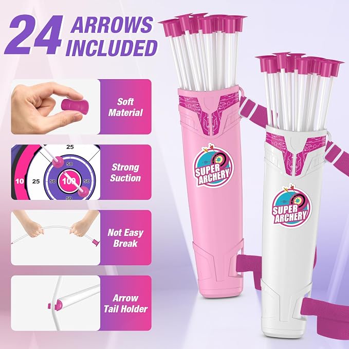HYES 2 Pack Bow and Arrow for Kids 4-6, LED Light Up Archery Set with 24 Suction Cup Arrows, 1 Standing Target, 6 Score Targets & 2 Quiver, Indoor Outdoor Sport for Girls Ages 8-12
