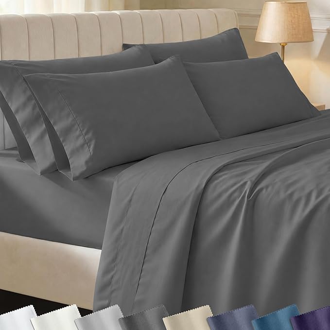 California Design Den 6-Pc King Size Sheet Set with 4 Pillowcases - Soft 400 Thread Count 100% Cotton Sheets, Sateen Weave, Deep Pocket Bedsheets Set - Grey