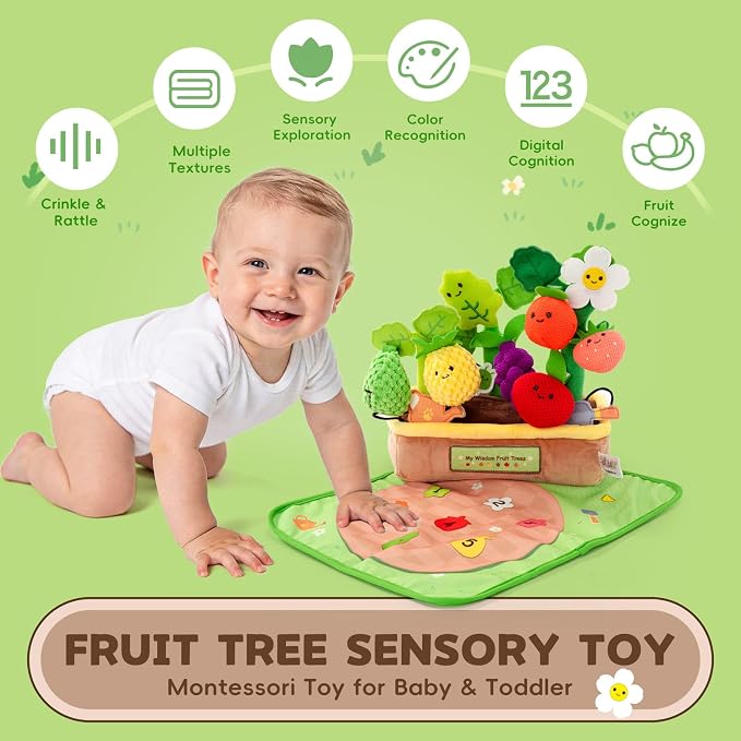 Baby Toys 6-12 Months - My First Fruits Color Shape Sorting Montessori Toys - 6 Month Old Toys Montessori Sensory Toy Carrot Flower with Rattles Mirror Squeaker Textures Crinkle Tissues