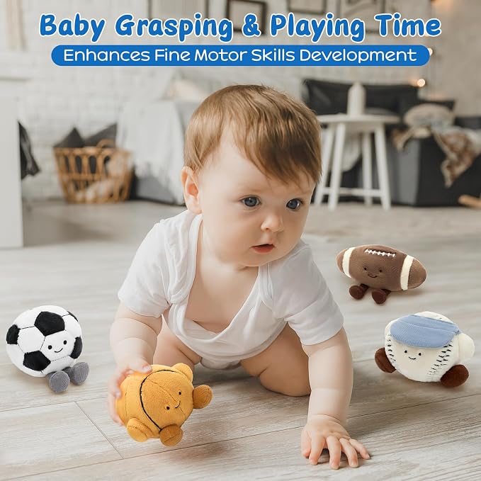 MaoGoLan 12.6 Inch My First Sports Bag Plush Toy, Baby Sports Toys with 4 Pcs Soft Stuffed Ball Plushy - Basketball, Baseball, Football and Soccer, Ideal Baby Shower Birthday Gift for Boys Girls